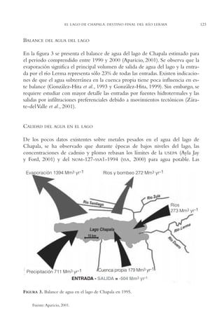 AMC Ag06L. Chapala

16/4/94

11:42 am

Page 123

EL LAGO DE CHAPALA: DESTINO FINAL DEL RÍO LERMA

BALANCE

DEL AGUA DEL LAGO

En la figura 3 se presenta el balance de agua del lago de Chapala estimado para
el periodo comprendido entre 1990 y 2000 (Aparicio, 2001). Se observa que la
evaporación significa el principal volumen de salida de agua del lago y la entrada por el río Lerma representa sólo 23% de todas las entradas. Existen indicaciones de que el agua subterránea en la cuenca propia tiene poca influencia en este balance (González-Hita et al., 1993 y González-Hita, 1999). Sin embargo, se
requiere estudiar con mayor detalle las entradas por fuentes hidrotermales y las
salidas por infiltraciones preferenciales debido a movimientos tectónicos (Zárate-del Valle et al., 2001).

CALIDAD

DEL AGUA EN EL LAGO

De los pocos datos existentes sobre metales pesados en el agua del lago de
Chapala, se ha observado que durante épocas de bajos niveles del lago, las
concentraciones de cadmio y plomo rebasan los límites de la USEPA (Ayla Jay
y Ford, 2001) y del NOM-127-SSA1-1994 (SSA, 2000) para agua potable. Las

FIGURA 3. Balance de agua en el lago de Chapala en 1995.
Fuente: Aparicio, 2001.

123

 
