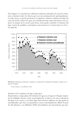 AMC Ag06L. Chapala

16/4/94

11:42 am

Page 127

EL LAGO DE CHAPALA: DESTINO FINAL DEL RÍO LERMA

En la figura 6 se muestran los volúmenes mínimos estimados así como los máximos y mínimos reales. Se observa que con una anticipación de aproximadamente ocho meses, se puede pronosticar el siguiente volumen mínimo del lago. En
casos de niveles críticos de agua, este método permite tomar decisiones con respecto al manejo de la cuenca, para hasta cierto grado controlar el volumen del
lago a través de medidas a corto plazo como trasvases y/o restricciones en el sector agrícola.

FIGURA 6. Volúmenes máximos y mínimos y estimación de volúmenes mínimos anuales en el
lago de Chapala.
Fuente: Hansen y van Afferden, 2004.

Pronóstico de los volúmenes del lago a largo plazo
El pronóstico a largo plazo del volumen de agua en el lago de Chapala, depende de múltiples factores como la precipitación, el clima y los usos consuntivos
del agua en la cuenca y el mismo lago. Estos factores implican un alto grado de
incertidumbre que hace un pronóstico exacto extremadamente difícil. A pesar
de ello, Hansen y van Afferden (2004) desarrollaron una herramienta que per-

127

 