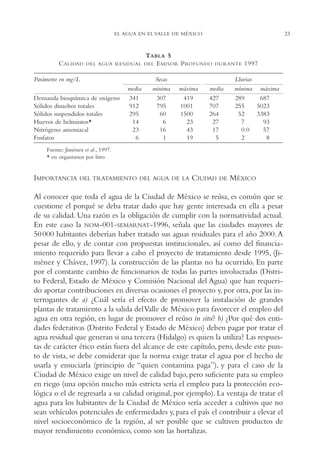 AMC Ag01ValleMéx.

13/4/94

04:57 pm

Page 23

23

EL AGUA EN EL VALLE DE MÉXICO

C ALIDAD

TABLA 5
E MISOR P ROFUNDO

DEL AGUA RESIDUAL DEL

Parámetro en mg/L
Demanda bioquímica de oxígeno
Sólidos disueltos totales
Sólidos suspendidos totales
Huevos de helmintos*
Nitrógeno amoniacal
Fosfatos

media
341
912
295
14
23
6

Secas
mínima
307
795
60
6
16
1

máxima
419
1001
1500
23
43
19

∆

DURANTE

media
427
707
264
27
17
5

1997

Lluvias
mínima máxima
289
687
255
5023
52
3383
7
93
0.0
57
2
8

Fuente: Jiménez et al., 1997.
* en organismos por litro

IMPORTANCIA

DEL TRATAMIENTO DEL AGUA DE LA

CIUDAD

DE

MÉXICO

Al conocer que toda el agua de la Ciudad de México se reúsa, es común que se
cuestione el porqué se deba tratar dado que hay gente interesada en ella a pesar
de su calidad. Una razón es la obligación de cumplir con la normatividad actual.
En este caso la NOM-001-SEMARNAT-1996, señala que las ciudades mayores de
50 000 habitantes deberían haber tratado sus aguas residuales para el año 2000. A
pesar de ello, y de contar con propuestas institucionales, así como del financiamiento requerido para llevar a cabo el proyecto de tratamiento desde 1995, (Jiménez y Chávez, 1997). la construcción de las plantas no ha ocurrido. En parte
por el constante cambio de funcionarios de todas las partes involucradas (Distrito Federal, Estado de México y Comisión Nacional del Agua) que han requerido aportar contribuciones en diversas ocasiones el proyecto y, por otra, por las interrogantes de a) ¿Cuál sería el efecto de promover la instalación de grandes
plantas de tratamiento a la salida del Valle de México para favorecer el empleo del
agua en otra región, en lugar de promover el reúso in situ? b) ¿Por qué dos entidades federativas (Distrito Federal y Estado de México) deben pagar por tratar el
agua residual que generan si una tercera (Hidalgo) es quien la utiliza? Las respuestas de carácter ético están fuera del alcance de este capítulo, pero, desde este punto de vista, se debe considerar que la norma exige tratar el agua por el hecho de
usarla y ensuciarla (principio de “quien contamina paga”), y para el caso de la
Ciudad de México exige un nivel de calidad bajo, pero suficiente para su empleo
en riego (una opción mucho más estricta sería el empleo para la protección ecológica o el de regresarla a su calidad original, por ejemplo). La ventaja de tratar el
agua para los habitantes de la Ciudad de México sería acceder a cultivos que no
sean vehículos potenciales de enfermedades y, para el país el contribuir a elevar el
nivel socioeconómico de la región, al ser posible que se cultiven productos de
mayor rendimiento económico, como son las hortalizas.

 