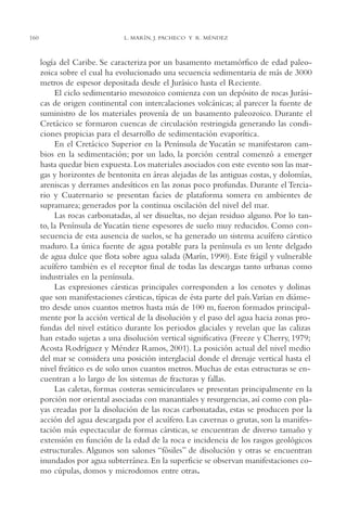 AMC Ag08 Yucatán

160

16/4/94

11:44 am

Page 160

L. MARÍN, J. PACHECO Y R. MÉNDEZ

logía del Caribe. Se caracteriza por un basamento metamórfico de edad paleozoica sobre el cual ha evolucionado una secuencia sedimentaria de más de 3000
metros de espesor depositada desde el Jurásico hasta el Reciente.
El ciclo sedimentario mesozoico comienza con un depósito de rocas Jurásicas de origen continental con intercalaciones volcánicas; al parecer la fuente de
suministro de los materiales provenía de un basamento paleozoico. Durante el
Cretácico se formaron cuencas de circulación restringida generando las condiciones propicias para el desarrollo de sedimentación evaporítica.
En el Cretácico Superior en la Península de Yucatán se manifestaron cambios en la sedimentación; por un lado, la porción central comenzó a emerger
hasta quedar bien expuesta. Los materiales asociados con este evento son las margas y horizontes de bentonita en áreas alejadas de las antiguas costas, y dolomías,
areniscas y derrames andesíticos en las zonas poco profundas. Durante el Terciario y Cuaternario se presentan facies de plataforma somera en ambientes de
supramarea; generados por la continua oscilación del nivel del mar.
Las rocas carbonatadas, al ser disueltas, no dejan residuo alguno. Por lo tanto, la Península de Yucatán tiene espesores de suelo muy reducidos. Como consecuencia de esta ausencia de suelos, se ha generado un sistema acuífero cárstico
maduro. La única fuente de agua potable para la península es un lente delgado
de agua dulce que flota sobre agua salada (Marín, 1990). Este frágil y vulnerable
acuífero también es el receptor final de todas las descargas tanto urbanas como
industriales en la península.
Las expresiones cársticas principales corresponden a los cenotes y dolinas
que son manifestaciones cársticas, típicas de ésta parte del país.Varían en diámetro desde unos cuantos metros hasta más de 100 m, fueron formados principalmente por la acción vertical de la disolución y el paso del agua hacia zonas profundas del nivel estático durante los periodos glaciales y revelan que las calizas
han estado sujetas a una disolución vertical significativa (Freeze y Cherry, 1979;
Acosta Rodríguez y Méndez Ramos, 2001). La posición actual del nivel medio
del mar se considera una posición interglacial donde el drenaje vertical hasta el
nivel freático es de solo unos cuantos metros. Muchas de estas estructuras se encuentran a lo largo de los sistemas de fracturas y fallas.
Las caletas, formas costeras semicirculares se presentan principalmente en la
porción nor oriental asociadas con manantiales y resurgencias, así como con playas creadas por la disolución de las rocas carbonatadas, estas se producen por la
acción del agua descargada por el acuífero. Las cavernas o grutas, son la manifestación más espectacular de formas cársticas, se encuentran de diverso tamaño y
extensión en función de la edad de la roca e incidencia de los rasgos geológicos
estructurales. Algunos son salones “fósiles” de disolución y otras se encuentran
inundados por agua subterránea. En la superficie se observan manifestaciones como cúpulas, domos y microdomos entre otras.

 