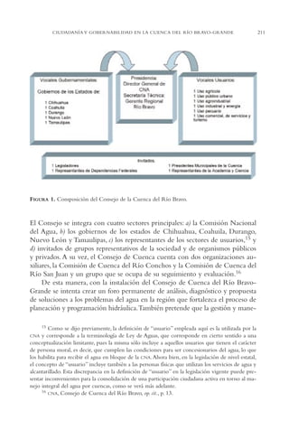 AMC Ag11 Río Bravo

16/4/94

11:48 am

Page 211

CIUDADANÍA Y GOBERNABILIDAD EN LA CUENCA DEL RÍO BRAVO-GRANDE

FIGURA 1. Composición del Consejo de la Cuenca del Río Bravo.

El Consejo se integra con cuatro sectores principales: a) la Comisión Nacional
del Agua, b) los gobiernos de los estados de Chihuahua, Coahuila, Durango,
Nuevo León y Tamaulipas, c) los representantes de los sectores de usuarios,15 y
d) invitados de grupos representativos de la sociedad y de organismos públicos
y privados. A su vez, el Consejo de Cuenca cuenta con dos organizaciones auxiliares, la Comisión de Cuenca del Río Conchos y la Comisión de Cuenca del
Río San Juan y un grupo que se ocupa de su seguimiento y evaluación.16
De esta manera, con la instalación del Consejo de Cuenca del Río BravoGrande se intenta crear un foro permanente de análisis, diagnóstico y propuesta
de soluciones a los problemas del agua en la región que fortalezca el proceso de
planeación y programación hidráulica.También pretende que la gestión y mane15 Como se dijo previamente, la definición de “usuario” empleada aquí es la utilizada por la
y corresponde a la terminología de Ley de Aguas, que corresponde en cierto sentido a una
conceptualización limitante, pues la misma sólo incluye a aquellos usuarios que tienen el carácter
de persona moral, es decir, que cumplen las condiciones para ser concesionarios del agua, lo que
los habilita para recibir el agua en bloque de la CNA. Ahora bien, en la legislación de nivel estatal,
el concepto de “usuario” incluye también a las personas físicas que utilizan los servicios de agua y
alcantarillado. Esta discrepancia en la definición de “usuario” en la legislación vigente puede presentar inconvenientes para la consolidación de una participación ciudadana activa en torno al manejo integral del agua por cuencas, como se verá más adelante.
16 CNA, Consejo de Cuenca del Río Bravo, op. cit., p. 13.
CNA

211

 