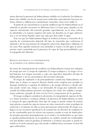 AMC Ag12 Hidrocarb.

16/4/94

11:51 am

Page 239

CONTAMINACIÓN DE ACUÍFEROS CON HIDROCARBUROS

miten detectar la presencia de hidrocarburos volátiles en el subsuelo. Los hidrocarburos más volátiles son los de menor peso molecular, especialmente benceno, tolueno, xilenos y etilbenceno, comúnmente conocidos como BTEX (tabla 1).
A partir de sus características, se puede establecer que los hidrocarburos en el
subsuelo se pueden encontrar en diferentes fases: i) Como gases alojados en los
espacios intersticiales del material granular especialmente en la zona vadosa,
ii) adsorbidos a la materia orgánica del suelo, iii) disueltos en el agua subterránea, y iv) en forma líquida como una capa que flota sobre el agua.
Una vez que los hidrocarburos llegan al acuífero, la forma y extensión de la
mancha de contaminación, depende del tipo de materiales que conforman el
subsuelo y de los mecanismos de transporte: advección, dispersión y difusión, en
los casos. Para aquellas sustancias cuya densidad es mayor a la del agua su movimiento estará controlado por la presencia de capas de baja permeabilidad y por
la topografía del subsuelo.

RIESGOS ASOCIADOS A

LA CONTAMINACIÓN

DE ACUÍFEROS CON HIDROCARBUROS

En temas de contaminación de acuíferos con hidrocarburos existen tres enfoques
de riesgo que son: 1) riesgo de explosión; 2) riesgo ecológico, y 3) riesgo a la salud humana. Los riesgos asociados a cada caso específico dependen del tipo de
hidrocarburos y de las características del escenario afectado.
El riesgo de explosión se da principalmente cuando hay hidrocarburos volátiles que se alojan en espacios abiertos donde existe oxígeno, por ejemplo en
drenajes, lumbreras y registros de teléfonos y de energía eléctrica, y donde además puede existir una chispa o un detonador. El riesgo por explosión existe
cuando los hidrocarburos presentes son ligeros, los cuales son volátiles a temperatura ambiente, ejemplo de éstos son los BTEX, componentes de las gasolinas.
El riesgo ecológico considera la afectación a la integridad de especies de flora y fauna terrestres y acuáticas, debida a la presencia de hidrocarburos en suelo
y cuerpos de agua superficiales. Este tipo de riesgo se puede evaluar de manera
muy práctica cuando las especies tienen un valor comercial o están en peligro de
extinción y el número de ellas se tiene previamente referenciado. El riesgo ecológico en un escenario superficial se da cuando hay un derrame de cualquier tipo de combustible, pero los efectos son mayores cuando se trata de hidrocarburos pesados, presentes principalmente en el crudo y el combustóleo, ya que éstos
se quedan preferentemente en la superficie, en cambio, cuando los combustibles
son más fluidos como la gasolina, la turbosina y el diesel, una parte se queda retenida en el suelo, mientras que otra tiende a infiltrar hasta encontrar el nivel del
agua subterránea.

239

 