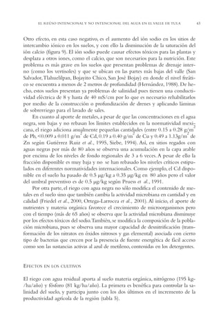 AMC Ag02ValleTula

13/4/94

05:00 pm

Page 43

EL REÚSO INTENCIONAL Y NO INTENCIONAL DEL AGUA EN EL VALLE DE TULA

Otro efecto, en esta caso negativo, es el aumento del ión sodio en los sitios de
intercambio iónico en los suelos, y con ello la disminución de la saturación del
ión calcio (figura 9). El ión sodio puede causar efectos tóxicos para las plantas y
desplaza a otros iones, como el calcio, que son necesarios para la nutrición. Este
problema es más grave en los suelos que presentan problemas de drenaje interno (como los vertisoles) y que se ubican en las partes más bajas del valle (San
Salvador,Tlahuelilpan, Bojayito Chico, San José Bojay) en donde el nivel freático se encuentra a menos de 2 metros de profundidad (Hernández, 1988). De hecho, estos suelos presentan ya problemas de salinidad pues tienen una conductividad eléctrica de 8 y hasta de 40 mS/cm por lo que es necesario rehabilitarlos
por medio de la construcción o profundización de drenes y aplicando láminas
de sobrerriego para el lavado de sales.
En cuanto al aporte de metales, a pesar de que las concentraciones en el agua
negra, son bajas y no rebasan los límites establecidos en la normatividad mexi2
cana, el riego adiciona anualmente pequeñas cantidades (entre 0.15 a 0.28 g/m
2
2
2
de Pb, <0.009 a 0.011 g/m de Cd, 0.19 a 0.40 g/m de Cu y 0.49 a 1.13g/m de
Zn según Gutiérrez Ruiz et al., 1995, Siebe, 1994). Así, en sitios regados con
aguas negras por más de 80 años se observa una acumulación en la capa arable
por encima de los niveles de fondo regionales de 3 a 6 veces. A pesar de ello la
fracción disponible es muy baja y no se han rebasado los niveles críticos estipulados en diferentes normatividades internacionales. Como ejemplo, el Cd disponible en el suelo ha pasado de 0.5 µg/kg a 0.35 µg/kg en 80 años pero el valor
del umbral preventivo es de 0.5 µg/kg según Pruess et al., 1991.
Por otra parte, el riego con agua negra no sólo modifica el contenido de metales en el suelo sino que también cambia la actividad microbiana en cantidad y en
calidad (Friedel et al., 2000, Ortega-Larrocea et al., 2001). Al inicio, el aporte de
nutrientes y materia orgánica favorece el crecimiento de microorganismos pero
con el tiempo (más de 65 años) se observa que la actividad microbiana disminuye
por los efectos tóxicos del sodio.También, se modifica la composición de la población microbiana, pues se observa una mayor capacidad de desnitrificación (transformación de los nitratos en óxidos nitrosos y gas elemental) asociada con cierto
tipo de bacterias que crecen por la presencia de fuente energética de fácil acceso
como son las sustancias activas al azul de metileno, contenidas en los detergentes.

EFECTOS

EN LOS CULTIVOS

El riego con agua residual aporta al suelo materia orgánica, nitrógeno (195 kg/ha/año) y fósforo (81 kg/ha/año). La primera es benéfica para controlar la salinidad del suelo, y participa junto con los dos últimos en el incremento de la
productividad agrícola de la región (tabla 5).

43

 