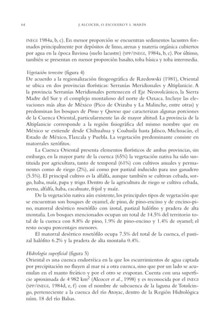 AMC Ag03Cuenca Or.

64

13/4/94

05:11 pm

Page 64

J. ALCOCER, O. ESCOLERO Y L. MARÍN

1984a, b, c). En menor proporción se encuentran sedimentos lacustres formados principalmente por depósitos de limo, arenas y materia orgánica cubiertos
por agua en la época lluviosa (suelo lacustre) (SPP/INEGI, 1984a, b, c). Por último,
también se presentan en menor proporción basalto, toba básica y toba intermedia.

INEGI

Vegetación terrestre (figura 4)
De acuerdo a la regionalización fitogeográfica de Rzedowski (1981), Oriental
se ubica en dos provincias florísticas: Serranías Meridionales y Altiplanicie. A
la provincia Serranías Meridionales pertenecen el Eje Neovolcánico, la Sierra
Madre del Sur y el complejo montañoso del norte de Oaxaca. Incluye las elevaciones más altas de México (Pico de Orizaba y La Malinche, entre otras) y
predominan los bosques de Pinus y Quercus que caracterizan algunas porciones
de la Cuenca Oriental, particularmente las de mayor altitud. La provincia de la
Altiplanicie corresponde a la región fisiográfica del mismo nombre que en
México se extiende desde Chihuahua y Coahuila hasta Jalisco, Michoacán, el
Estado de México, Tlaxcala y Puebla. La vegetación predominante consiste en
matorrales xerófitos.
La Cuenca Oriental presenta elementos florísticos de ambas provincias, sin
embargo, en la mayor parte de la cuenca (65%) la vegetación nativa ha sido sustituida por agricultura, tanto de temporal (61%) con cultivos anuales y permanentes como de riego (2%), así como por pastizal inducido para uso ganadero
(5.5%). El principal cultivo es la alfalfa, aunque también se cultivan cebada, sorgo, haba, maíz, papa y trigo. Dentro de la agricultura de riego se cultiva cebada,
avena, alfalfa, haba, cacahuate, frijol y maíz.
De la vegetación nativa aún existente, los principales tipos de vegetación que
se encuentran son bosques de oyamel, de pino, de pino-encino y de encino-pino, matorral desértico rosetófilo con izotal, pastizal halófito y pradera de alta
montaña. Los bosques mencionados ocupan un total de 14.5% del territorio total de la cuenca con 8.8% de pino, 1.9% de pino-encino y 1.4% de oyamel; el
resto ocupa porcentajes menores.
El matorral desértico rosetófilo ocupa 7.5% del total de la cuenca, el pastizal halófito 6.2% y la pradera de alta montaña 0.4%.
Hidrología superficial (figura 5)
Oriental es una cuenca endorréica en la que los escurrimientos de agua captada
por precipitación no fluyen al mar ni a otra cuenca, sino que por un lado se acumulan en el manto freático y por el otro se evaporan. Cuenta con una superficie aproximada de 4,982 km2 (Alcocer et al., 1998) y es reconocida por el INEGI
(SPP/INEGI, 1984d, e, f ) con el nombre de subcuenca de la laguna de Totolcingo, perteneciente a la cuenca del río Atoyac, dentro de la Región Hidrológica
núm. 18 del río Balsas.

 