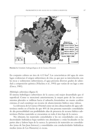 AMC Ag03Cuenca Or.

13/4/94

05:11 pm

Page 67

PROBLEMÁTICA DEL AGUA DE LA CUENCA ORIENTAL

FIGURA 6. Unidades hidrogeológicas de la Cuenca Oriental.

En conjunto cubren un área de 4.13 km2. Las características del agua de estos
lagos evidencian el origen subterráneo de ésta, ya que por su interrelación con
las rocas y sedimentos subterráneos, el agua presenta diversos grados de salinidad y composición química (Vilaclara et al., 1993) que varían de un lago a otro
(Gasca, 1981).
Hidrología subterránea (figura 6)
El sistema hidrológico subterráneo de la cuenca está mejor desarrollado que el
superficial. Como se mencionó anteriormente, la mayor parte de los escurrimientos pluviales se infiltran hacia el subsuelo, formándose un manto acuífero
extenso, el cual constituye un recurso de abastecimiento hídrico muy valioso.
La relevancia de la Cuenca Oriental como un área almacenadora de agua subterránea estriba en el hecho de que 40% de ésta presenta materiales consolidados
de alta permeabilidad con posibilidades altas de presencia de recurso hídrico subterráneo. Dichos materiales se encuentran en toda el área baja de la cuenca.
No obstante, los materiales consolidados y los no consolidados con conductividades hidráulicas bajas también son abundantes y están localizados en las
partes altas y laderas bajas de la cuenca. La presencia de materiales no consolidados (zona de San Juan Ixtenco) y consolidados con conductividades hidráulicas
medias (zona de Los Humeros) es escasa.

67

 
