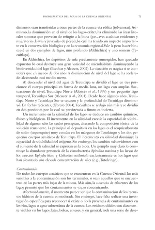 AMC Ag03Cuenca Or.

13/4/94

05:11 pm

Page 71

PROBLEMÁTICA DEL AGUA DE LA CUENCA ORIENTAL

dimentos sean transferidas a otras partes de la cuenca vía eólica (tolvaneras).Asimismo, la disminución en el nivel de los lagos-cráter, ha eliminado las áreas litorales someras que proveían de refugio a la biota (p.e., aves acuáticas residentes y
migratorias, larvas y juveniles de peces), lo cual ha tenido un impacto importante en la conservación biológica y en la economía regional.Vale la pena hacer hincapié en dos ejemplos de lagos, uno profundo (Alchichica) y uno somero (Tecuitlapa).
En Alchichica, los depósitos de tufa previamente sumergidos, han quedado
expuestos lo cual destruye una gran variedad de microhábitats disminuyendo la
biodiversidad del lago (Escobar y Alcocer, 2002). La situación es trágica si se considera que en menos de dos años la disminución de nivel del lago se ha acelerado alcanzando casi medio metro.
Al descender el nivel del agua de Tecuitlapa se dividió el lago en tres porciones: el cuerpo principal en forma de media luna, un lago con amplias fluctuaciones de nivel, Tecuitlapa Norte (Alcocer et al., 1999) y un pequeño lago
temporal,Tecuitlapa Sur (Alcocer et al., 2001). Desde hace algunos años,Tecuitlapa Norte y Tecuitlapa Sur se secaron y la profundidad de Tecuitlapa disminuyó. En fechas recientes, (febrero 2004),Tecuitlapa se redujo aún más y se dividió
en dos porciones por lo cual su persistencia a futuro es incierta.
Un incremento en la salinidad de los lagos se traduce en cambios químicos,
físicos y biológicos. El incremento en la salinidad excede la capacidad de solubilidad de algunas sales las cuales precipitan, alterando la composición iónica de la
solución remanente. La principal sal depositada en los lagos es el sesquicarbonato
de sodio (tequesquite) muy común en los márgenes de Totolcingo y los dos pequeños cuerpos acuáticos de Tecuitlapa. El incremento en salinidad disminuye la
capacidad de solubilidad del oxígeno. Sin embargo, los cambios más evidentes con
el aumento de la salinidad se expresan en la biota. Un ejemplo muy claro lo constituye la abundante presencia de la cianobacteria Spirulina maxima y las larvas de
los insectos Ephydra hians y Culicoides occidentalis exclusivamente en los lagos que
han alcanzado una elevada concentración de sales (e.g.,Totolcingo).
Contaminación
De todos los cuerpos acuáticos que se encuentran en la Cuenca Oriental, los más
sensibles a la contaminación son los terminales, o sean aquellos que se encuentran en las partes más bajas de la misma. Más aún, la ausencia de efluentes de los
lagos permite que los contaminantes se vayan concentrando.
Afortunadamente, al momento parece ser que la contaminación de los recursos hídricos de la cuenca es moderada. Sin embargo, hace falta realizar una investigación específica para reconocer si existe o no la presencia de contaminantes en
los ríos, lagos o agua subterránea de la cuenca. Los residuos sólidos son claramente visibles en los lagos; latas, bolsas, envases, y en general, toda una serie de dese-

71

 