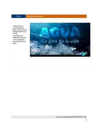 Curso: EL AGUA NUESTRO RECURSO VITAL 
6 
Tema: Saberes Esenciales 
- Reconocer la importancia del agua, como recurso indispensable para la vida. 
- Identificar los diferentes sectores y las sustancias que contaminan el agua. 
 