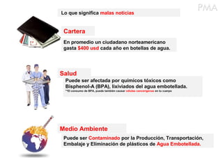 Lo que significa malas noticias


 Cartera
 En promedio un ciudadano norteamericano
 gasta $400 usd cada año en botellas de agua.




Salud
 Puede ser afectada por químicos tóxicos como
 Bisphenol-A (BPA), lixiviados del agua embotellada.
 **El consumo de BPA, puede también causar células cancerígenas en tu cuerpo




Medio Ambiente
 Puede ser Contaminado por la Producción, Transportación,
 Embalaje y Eliminación de plásticos de Agua Embotellada.
 