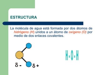 ESTRUCTURA La molécula de agua está formada por dos átomos de  hidrógeno (H )  unidos a un átomo de  oxígeno (O)  por medio de dos   enlaces covalentes.   