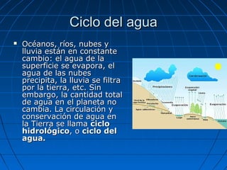Ciclo del aguaCiclo del agua
 Océanos, ríos, nubes yOcéanos, ríos, nubes y
lluvia están en constantelluvia están en constante
cambio: el agua de lacambio: el agua de la
superficie se evapora, elsuperficie se evapora, el
agua de las nubesagua de las nubes
precipita, la lluvia se filtraprecipita, la lluvia se filtra
por la tierra, etc. Sinpor la tierra, etc. Sin
embargo, la cantidad totalembargo, la cantidad total
de agua en el planeta node agua en el planeta no
cambia. La circulación ycambia. La circulación y
conservación de agua enconservación de agua en
la Tierra se llamala Tierra se llama ciclociclo
hidrológicohidrológico, o, o ciclo delciclo del
agua.agua.
 