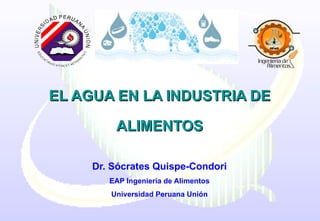 EL AGUA EN LA INDUSTRIA DE

         ALIMENTOS

     Dr. Sócrates Quispe-Condori
        EAP Ingeniería de Alimentos
        Universidad Peruana Unión
 