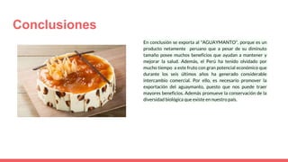 Conclusiones
En conclusión se exporta al "AGUAYMANTO", porque es un
producto netamente peruano que a pesar de su diminuto
tamaño posee muchos beneficios que ayudan a mantener y
mejorar la salud. Además, el Perú ha tenido olvidado por
mucho tiempo a este fruto con gran potencial económico que
durante los seis últimos años ha generado considerable
intercambio comercial. Por ello, es necesario promover la
exportación del aguaymanto, puesto que nos puede traer
mayores beneficios. Además promueve la conservación de la
diversidad biológica que existe en nuestro país.
 