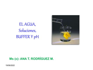 19/08/2022
EL AGUA,
Soluciones,
BUFFER Y pH
Ms (c): ANA T. RODRÍGUEZ M.
 