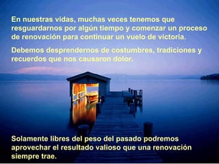 En nuestras vidas, muchas veces tenemos que   resguardarnos por algún tiempo y   comenzar un proceso de renovación para continuar un   vuelo de victoria. D ebemos desprendernos de costumbres, tradiciones y   recuerdos que nos   causaron dolor. Solamente libres del peso del pasado   podremos aprovechar el   resultado valioso que una renovación siempre trae. 