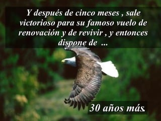 Y después de cinco meses , sale victorioso para su famoso vuelo de renovación y de revivir , y entonces dispone de  ... 30 años más. 