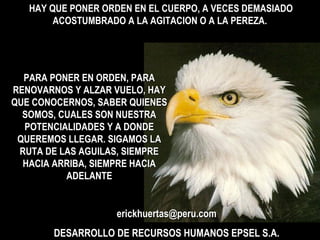HAY QUE PONER ORDEN EN EL CUERPO, A VECES DEMASIADOHAY QUE PONER ORDEN EN EL CUERPO, A VECES DEMASIADO
ACOSTUMBRADO A LA AGITACION O A LA PEREZA.ACOSTUMBRADO A LA AGITACION O A LA PEREZA.
erickhuertas@peru.comerickhuertas@peru.com
DESARROLLO DE RECURSOS HUMANOS EPSEL S.A.DESARROLLO DE RECURSOS HUMANOS EPSEL S.A.
PARA PONER EN ORDEN, PARAPARA PONER EN ORDEN, PARA
RENOVARNOS Y ALZAR VUELO, HAYRENOVARNOS Y ALZAR VUELO, HAY
QUE CONOCERNOS, SABER QUIENESQUE CONOCERNOS, SABER QUIENES
SOMOS, CUALES SON NUESTRASOMOS, CUALES SON NUESTRA
POTENCIALIDADES Y A DONDEPOTENCIALIDADES Y A DONDE
QUEREMOS LLEGAR. SIGAMOS LAQUEREMOS LLEGAR. SIGAMOS LA
RUTA DE LAS AGUILAS, SIEMPRERUTA DE LAS AGUILAS, SIEMPRE
HACIA ARRIBA, SIEMPRE HACIAHACIA ARRIBA, SIEMPRE HACIA
ADELANTEADELANTE
 