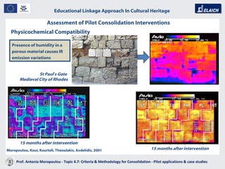 Educational Linkage Approach In Cultural Heritage   Acropolis of Athens 15 months after intervention 15 months after intervention St Paul ’ s Gate  Medieval City of Rhodes Presence of humidity in a porous material causes IR emission variations Physicochemical Compatibility Moropoulou, Koui, Kourteli, Theoulakis, Avdelidis, 2001 Assessment of Pilot Consolidation Interventions Prof. Antonia Moropoulou - Topic 4.7: Criteria & Methodology for Consolidation - Pilot applications & case studies  