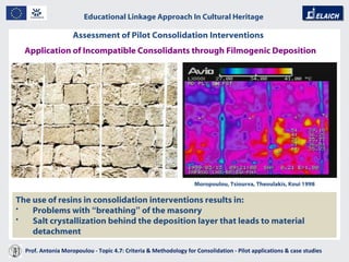 Educational Linkage Approach In Cultural Heritage   Acropolis of Athens The use of resins in consolidation interventions results in: Problems with  “ breathing ”  of the masonry Salt crystallization behind the deposition layer that leads to material detachment Application of Incompatible Consolidants through Filmogenic Deposition Moropoulou, Tsiourva, Theoulakis, Koui 1998 Assessment of Pilot Consolidation Interventions Prof. Antonia Moropoulou - Topic 4.7: Criteria & Methodology for Consolidation - Pilot applications & case studies  