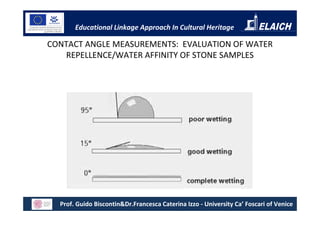 Educational Linkage Approach In Cultural Heritage

CONTACT ANGLE MEASUREMENTS: EVALUATION OF WATER
   REPELLENCE/WATER AFFINITY OF STONE SAMPLES




  Prof. Guido Biscontin&Dr.Francesca Caterina Izzo - University Ca’ Foscari of Venice
 