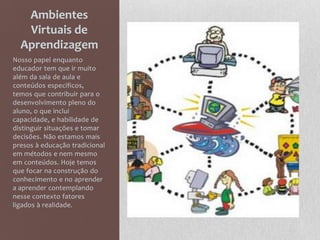 Ambientes
Virtuais de
Aprendizagem
Nosso papel enquanto
educador tem que ir muito
além da sala de aula e
conteúdos específicos,
temos que contribuir para o
desenvolvimento pleno do
aluno, o que inclui
capacidade, e habilidade de
distinguir situações e tomar
decisões. Não estamos mais
presos à educação tradicional
em métodos e nem mesmo
em conteúdos. Hoje temos
que focar na construção do
conhecimento e no aprender
a aprender contemplando
nesse contexto fatores
ligados à realidade.
 