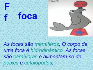 F f foca As focas são  mamíferos ,  O corpo de uma foca é  hidrodinâmico , As focas são  carnívoras  e alimentam-se de  peixes  e  cefalópodes .  