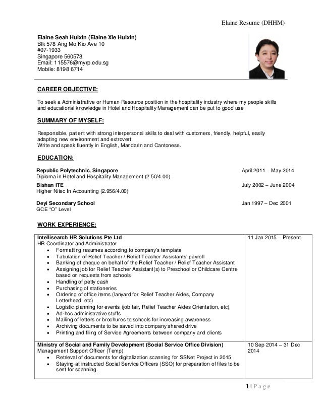 elaine resume hospitality portfolio