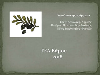ΓΕΛ Βάμου
2018
Υπεύθυνοι προγράμματος:
Ελένη Ατσαλάκη- Χημικός
Πολύμνια Παναγιωτάκη- Βιολόγος
Νίκος Σκαρπέντζος- Φυσικός
 