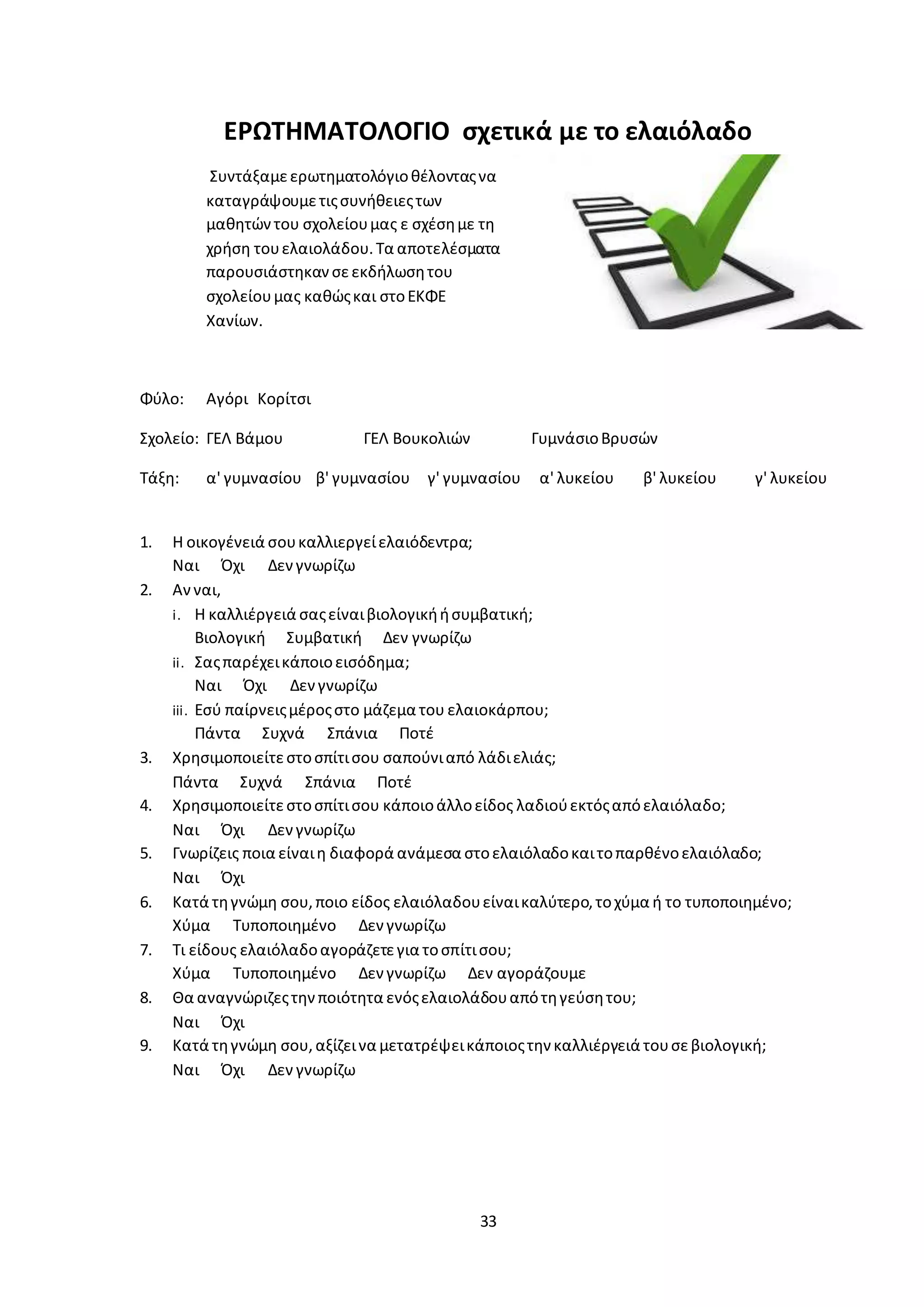 33
ΕΡΩΤΗΜΑΤΟΛΟΓΙΟ σχετικά με το ελαιόλαδο
Συντάξαμεερωτηματολόγιοθέλονταςνα
καταγράψουμετιςσυνήθειεςτων
μαθητώντου σχολείουμας ε σχέσημε τη
χρήση τουελαιολάδου.Τα αποτελέσματα
παρουσιάστηκανσεεκδήλωσητου
σχολείουμας καθώςκαι στοΕΚΦΕ
Χανίων.
Φύλο: Αγόρι Κορίτσι
Σχολείο: ΓΕΛ Βάμου ΓΕΛ Βουκολιών ΓυμνάσιοΒρυσών
Τάξη: α' γυμνασίου β' γυμνασίου γ' γυμνασίου α' λυκείου β' λυκείου γ' λυκείου
1. Η οικογένειά σουκαλλιεργείελαιόδεντρα;
Ναι Όχι Δενγνωρίζω
2. Ανναι,
i. Η καλλιέργειά σαςείναιβιολογικήήσυμβατική;
Βιολογική Συμβατική Δεν γνωρίζω
ii. Σαςπαρέχεικάποιοεισόδημα;
Ναι Όχι Δενγνωρίζω
iii. Εσύ παίρνειςμέροςστο μάζεμα του ελαιοκάρπου;
Πάντα Συχνά Σπάνια Ποτέ
3. Χρησιμοποιείτεστοσπίτισου σαπούνιαπό λάδιελιάς;
Πάντα Συχνά Σπάνια Ποτέ
4. Χρησιμοποιείτεστοσπίτισου κάποιοάλλοείδος λαδιούεκτόςαπόελαιόλαδο;
Ναι Όχι Δενγνωρίζω
5. Γνωρίζεις ποια είναιη διαφορά ανάμεσα στοελαιόλαδοκαιτοπαρθένοελαιόλαδο;
Ναι Όχι
6. Κατά τηγνώμη σου,ποιο είδος ελαιόλαδουείναικαλύτερο,τοχύμα ή το τυποποιημένο;
Χύμα Τυποποιημένο Δενγνωρίζω
7. Τι είδους ελαιόλαδοαγοράζετεγια τοσπίτισου;
Χύμα Τυποποιημένο Δενγνωρίζω Δεν αγοράζουμε
8. Θα αναγνώριζεςτηνποιότητα ενόςελαιολάδουαπότηγεύσητου;
Ναι Όχι
9. Κατά τηγνώμη σου,αξίζεινα μετατρέψεικάποιοςτην καλλιέργειά τουσεβιολογική;
Ναι Όχι Δεν γνωρίζω
 