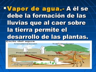  Vapor de agua.Vapor de agua. -- A él seA él se
debe la formación de lasdebe la formación de las
lluvias que al caer sobrelluvias que al caer sobre
la tierra permite ella tierra permite el
desarrollo de las plantas.desarrollo de las plantas.
 