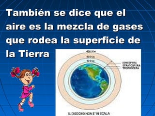 También se dice que elTambién se dice que el
aire es la mezcla de gasesaire es la mezcla de gases
que rodea la superficie deque rodea la superficie de
la Tierrala Tierra
 