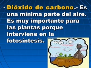 • Dióxido de carbonoDióxido de carbono .- Es.- Es
una mínima parte del aire.una mínima parte del aire.
Es muy importante paraEs muy importante para
las plantas porquelas plantas porque
interviene en lainterviene en la
fotosíntesis.fotosíntesis.
 