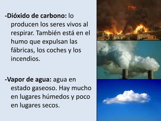 -Dióxido de carbono: lo
  producen los seres vivos al
  respirar. También está en el
  humo que expulsan las
  fábricas, los coches y los
  incendios.

-Vapor de agua: agua en
  estado gaseoso. Hay mucho
  en lugares húmedos y poco
  en lugares secos.
 