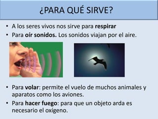¿PARA QUÉ SIRVE?
• A los seres vivos nos sirve para respirar
• Para oír sonidos. Los sonidos viajan por el aire.




• Para volar: permite el vuelo de muchos animales y
  aparatos como los aviones.
• Para hacer fuego: para que un objeto arda es
  necesario el oxígeno.
 
