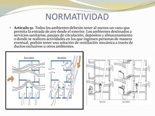 NORMATIVIDAD
 Artículo 51. Todos los ambientes deberán tener al menos un vano que
  permita la entrada de aire desde el exterior. Los ambientes destinados a
  servicios sanitarios, pasajes de circulación, depósitos y almacenamiento
  o donde se realicen actividades en los que ingresen personas de manera
  eventual, podrán tener una solución de ventilación mecánica a través de
  ductos exclusivos u otros ambientes.
 