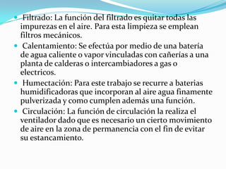  Filtrado: La función del filtrado es quitar todas las impurezas en el aire. Para esta limpieza se emplean filtros mecánicos.Calentamiento: Se efectúa por medio de una batería de agua caliente o vapor vinculadas con cañerías a una planta de calderas o intercambiadores a gas o electricos.Humectación: Para este trabajo se recurre a baterias humidificadoras que incorporan al aire agua finamente pulverizada y como cumplen además una función.Circulación: La función de circulación la realiza el ventilador dado que es necesario un cierto movimiento de aire en la zona de permanencia con el fin de evitar su estancamiento.