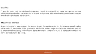 Dinámica
El aire del suelo está en continuo intercambio con el aire atmosférico y gracias a esta constante
renovación la atmósfera del suelo no se vuelve irrespirable. Este movimiento puede realizarse por
movimiento en masa o por difusión.
Movimiento en masa.
Se produce debido a variaciones de temperatura y de presión entre las distintas capas del suelo y
entre este y la atmósfera. Estos gradientes hacen que entre y salga aire del suelo. El viento impulsa
el aire dentro del suelo y succiona aire de la atmósfera. También la lluvia al penetrar dentro de los
poros expulsa al aire del suelo.
ING. ANDREA GUAPI
 