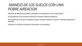 MANEJO DE LOS SUELOS CON UNA
POBRE AIREACION
Practicas de labranzas (arados, subsolador) si el problema es de compactación.
Si el problema es de estructura debemos incorporar Materia Orgánica.
Si el problema es de gran cantidad de agua; entonces debemos mejorar el drenaje (superficial,
interno).
Limitarnos a cultivos resistentes o tolerantes a la humedad.
ING. ANDREA GUAPI
 