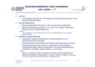 Fakultät Wirtschaftswissenschaften | Lehrstuhl für Wirtschaftsinformatik, insbes. Informationsmanagement | Prof. Schoop
Grundverständnis: was verstehen
wir unter ... ?
•  Lernen
•  Individueller Prozess der nachhaltigen Verhaltensanpassung an neue
Umwelt-Anforderungen
•  Lernarrangement
•  Bewusst gestaltete Situation, in der Lernprozesse stattfinden
•  Beschreibt Einflussparameter (z. B. Zeit, Ort, Inhalte, Methoden,
Medien, Kommunikationsformen)
Quelle:
Lang, M./Pätzold, G., 2002: Multimedia in der Aus- und Weiterbildung. Köln, Deutscher
Wirtschaftsdienst.
•  Problem based learning
•  Integration isolierter disziplinärer Wissensbestände in ein
lernerzentriertes Curriculum
•  Selbstständiges Problemlösen als aktive und kooperative Lernform
•  Konzept des situativen Lernens: authentische und komplexe
Problemstellungen sollen Lernsituation und Anwendungssituation
annähern und helfen, träges Wissen zu vermeiden
Quelle:
Klauser, F., Schoop, E., Gersdorf, R., Jungmann, B. & Wirth, K. (2002): Die Konstruktion
komplexer internetbasierter Lernumgebungen im Spannungsfeld von pädagogischer und
technischer Rationalität. In: Bogaschewsky, R., Hoppe, U., Klauser, F., Schoop, E., Weinhardt,
Ch. (Hrsg.), Research Report ImpulsEC, Band 3, Osnabrück 2002.
AK Personal
Entwicklung,
16.08.16
4/30Flipped Classroom, Social Learning & Co. | Prof. Dr. Eric Schoop
 