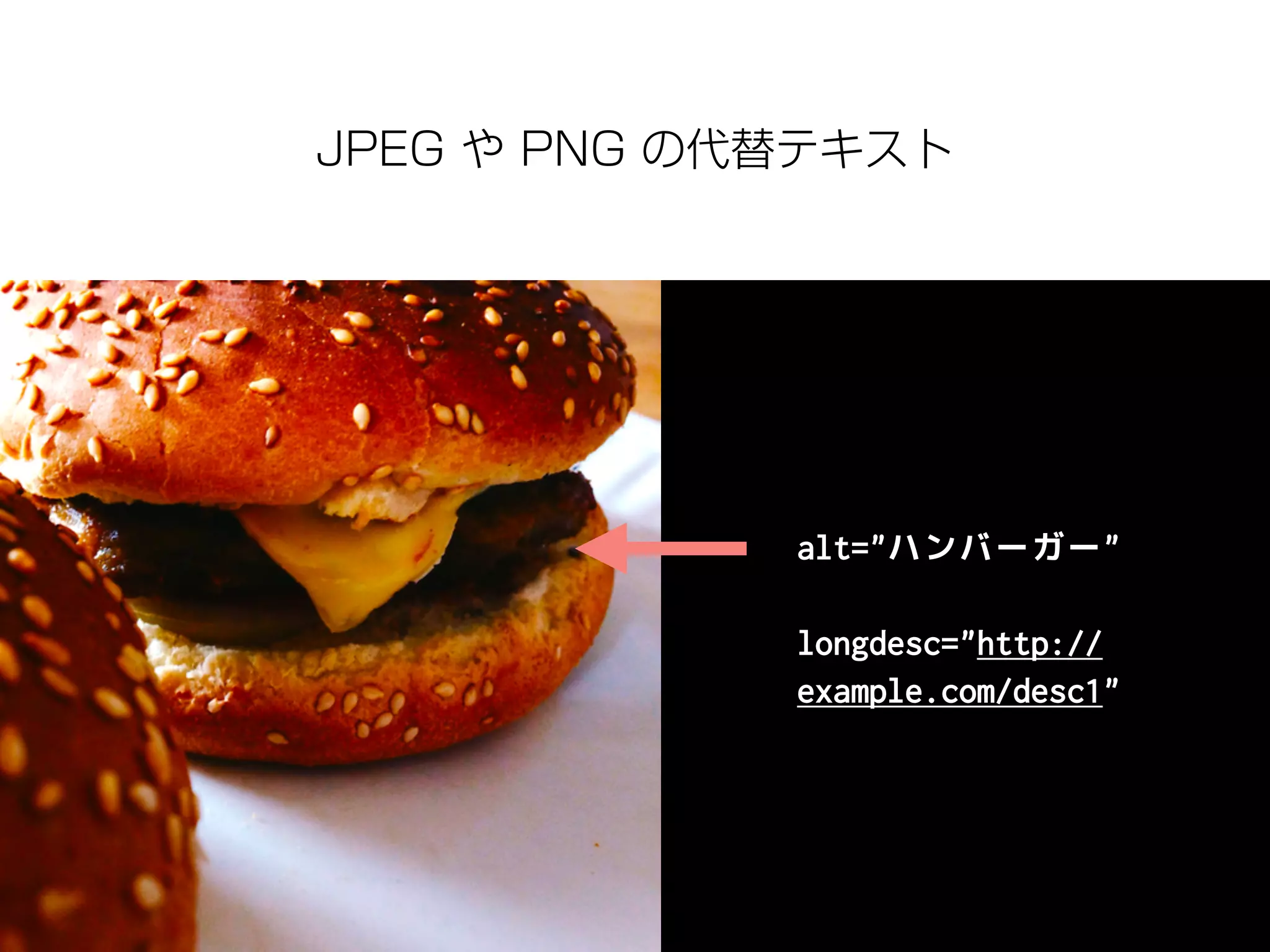 JPEG や PNG の代替テキスト
alt="ハンバーガー"
longdesc="http://
example.com/desc1"
 