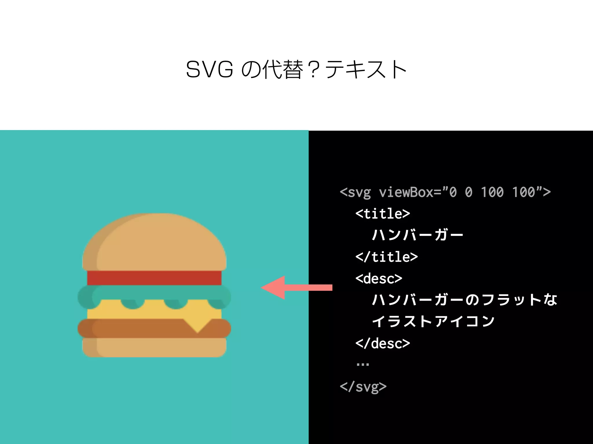 SVG の代替？テキスト
<svg viewBox="0 0 100 100">
<title>
ハンバーガー
</title>
<desc>
ハンバーガーのフラットな
イラストアイコン
</desc>
…
</svg>
 