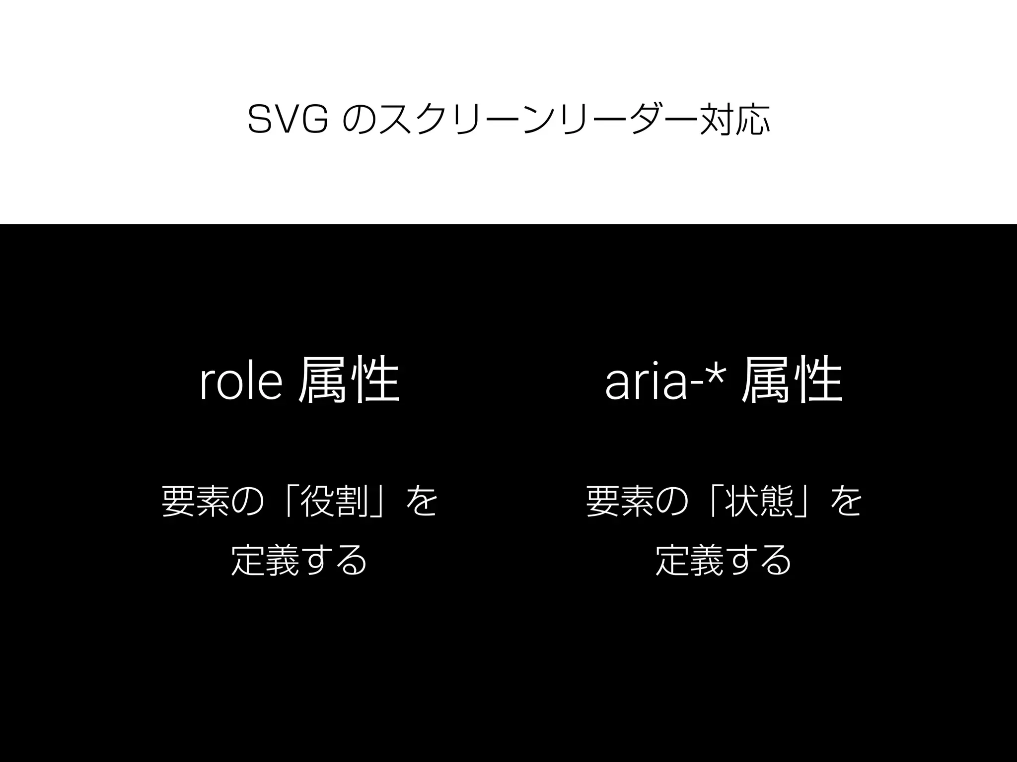 SVG のスクリーンリーダー対応
role 属性 aria-* 属性
要素の「役割」を
定義する
要素の「状態」を
定義する
 