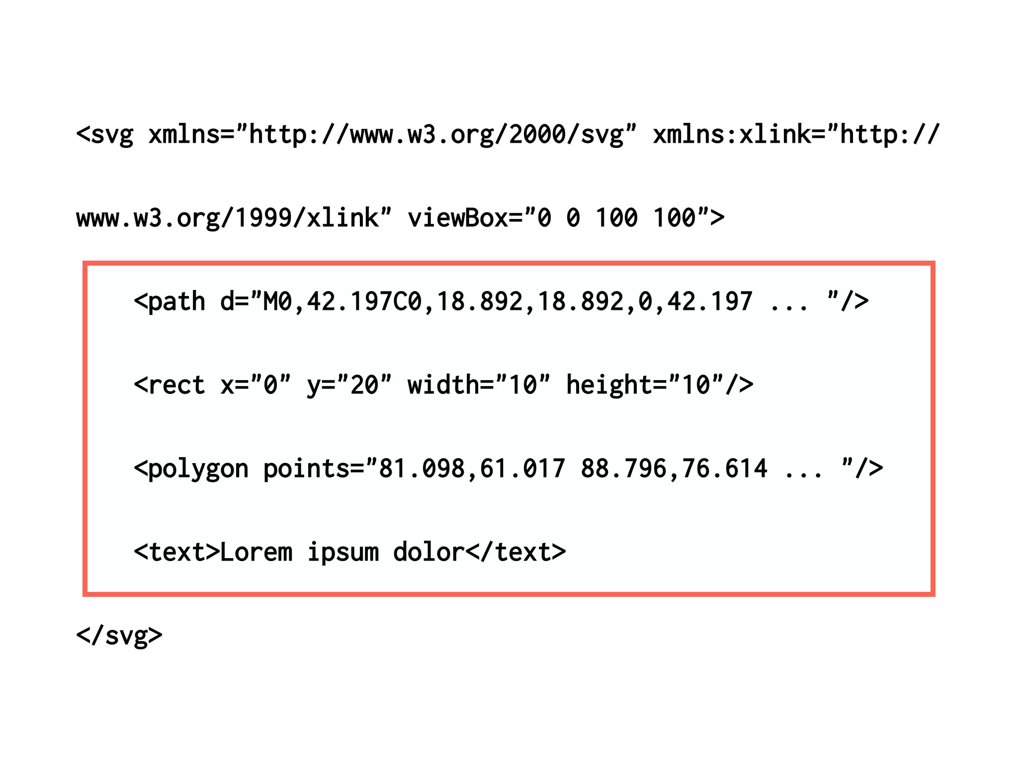 <svg xmlns="http://www.w3.org/2000/svg" xmlns:xlink="http://
www.w3.org/1999/xlink" viewBox="0 0 100 100">
<path d="M0,42.197C0,18.892,18.892,0,42.197 ... "/>
<rect x="0" y="20" width="10" height="10"/>
<polygon points="81.098,61.017 88.796,76.614 ... "/>
<text>Lorem ipsum dolor</text>
</svg>
 