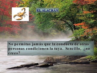No permitas jamás que la conducta de otras personas condicionen la tuya.  Sencillo,  ¿no crees? EL ALACRÁN 