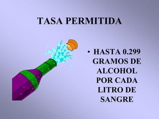 TASA PERMITIDA


        • HASTA 0.299
          GRAMOS DE
           ALCOHOL
           POR CADA
           LITRO DE
            SANGRE
 