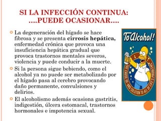 SI LA INFECCIÓN CONTINUA:….PUEDE OCASIONAR…. La degeneración del hígado se hace fibrosa y se presenta  cirrosis hepática,  enfermedad crónica que provoca una insuficiencia hepática gradual que provoca trastornos mentales severos, violencia y puede conducir a la muerte.  Si la persona sigue bebiendo, como el alcohol ya no puede ser metabolizado por el hígado pasa al cerebro provocando daño permanente, convulsiones y delirios.  El alcoholismo además ocasiona gastritis, indigestión, úlcera estomacal, trastornos hormonales e impotencia sexual. 