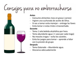 Antes
- Consume alimentos ricos en grasa ( carnes)
- Ingiere una cucharada de aceite de Oliva.
- Si vas a tomar evita manejar – entrega las llaves
- Evita tomar si estas triste o trasnochado.
Durante
- Toma 1 sola bebida alcohólica por hora
- Toma abundante agua ( 1 vaso por cada trago)
- No mezcles tragos – evita los cocteles.
- Evita los juegos para tomar – aprende a lidiar
con la presión de grupo
Después
- Toma Gatorade – Abundante agua.
- Descansa adecuadamente
 