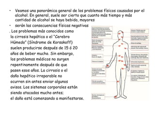 • Veamos una panorámica general de los problemas físicos causados por el
alcohol. En general, suele ser cierto que cuanto más tiempo y más
cantidad de alcohol se haya bebido, mayores
• serán las consecuencias físicas negativas
. Los problemas más conocidos como
la cirrosis hepática o el “Cerebro
Húmedo” (Síndrome de Korsakoff)
suelen producirse después de 15 ó 20
años de beber mucho. Sin embargo,
los problemas médicos no surgen
repentinamente después de que
pasen esos años. La cirrosis o el
daño hepático irreparable no
ocurren sin antes enviar algunos
avisos. Los sistemas corporales están
siendo atacados mucho antes;
el daño está comenzando a manifestarse.
 