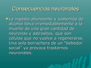 Consecuencias neuronalesConsecuencias neuronales
 La ingesta abundante y sostenida deLa ingesta abundante y sostenida de
alcohol lleva irremediablemente a laalcohol lleva irremediablemente a la
muerte de una gran cantidad demuerte de una gran cantidad de
neuronas y astrositos, que sonneuronas y astrositos, que son
células que no vuelve a regenerarse.células que no vuelve a regenerarse.
Una sola borrachera de un “bebedorUna sola borrachera de un “bebedor
social” ya provoca trastornossocial” ya provoca trastornos
neuronales.neuronales.
 