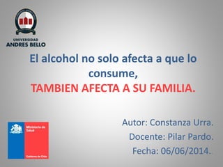 El alcohol no solo afecta a que lo
consume,
TAMBIEN AFECTA A SU FAMILIA.
Autor: Constanza Urra.
Docente: Pilar Pardo.
Fecha: 06/06/2014..
 