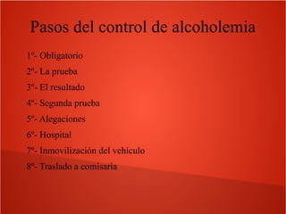 Pasos del control de alcoholemia
1º- Obligatorio
2º- La prueba
3º- El resultado
4º- Segunda prueba
5º- Alegaciones
6º- Hospital
7º- Inmovilización del vehículo
8º- Traslado a comisaria

 